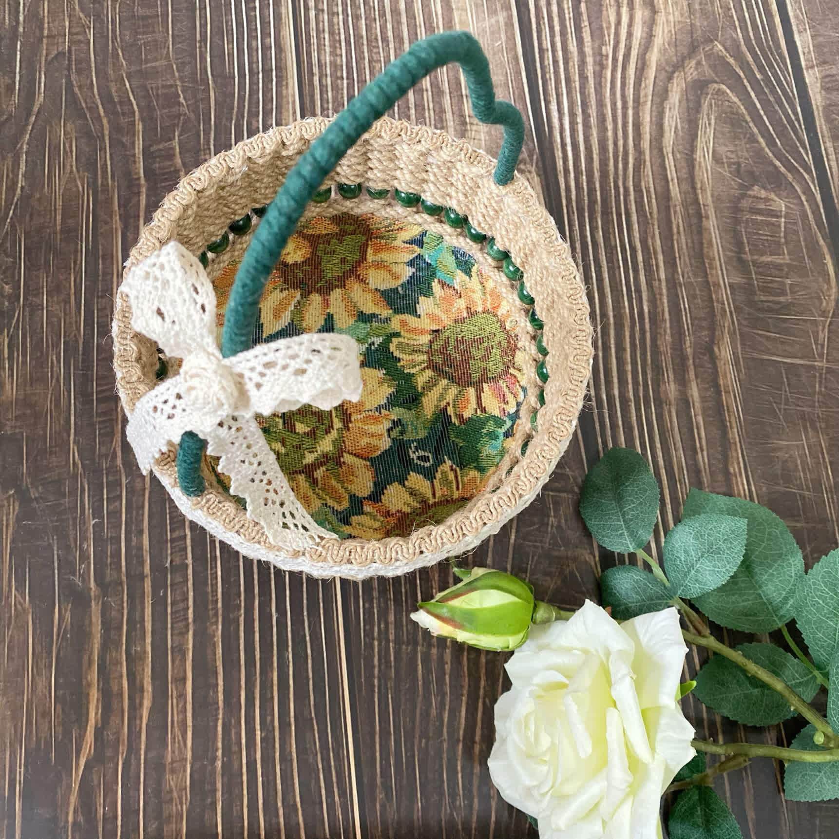 SUENTA Handgefertigter Tischaufbewahrungskorb Sonnenblumenmotiv