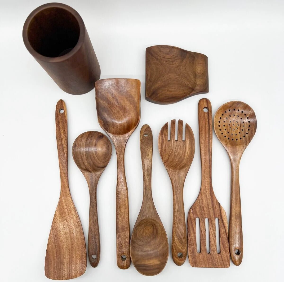 SUENTA Küchenutensilien-Set Aus Teakholz Hochwertig Und Langlebig 9-teiliges Set mit Halter