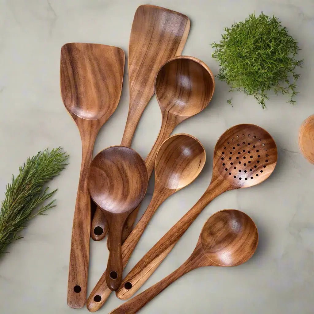 SUENTA Küchenutensilien-Set Aus Teakholz Hochwertig Und Langlebig 7-teiliges Set