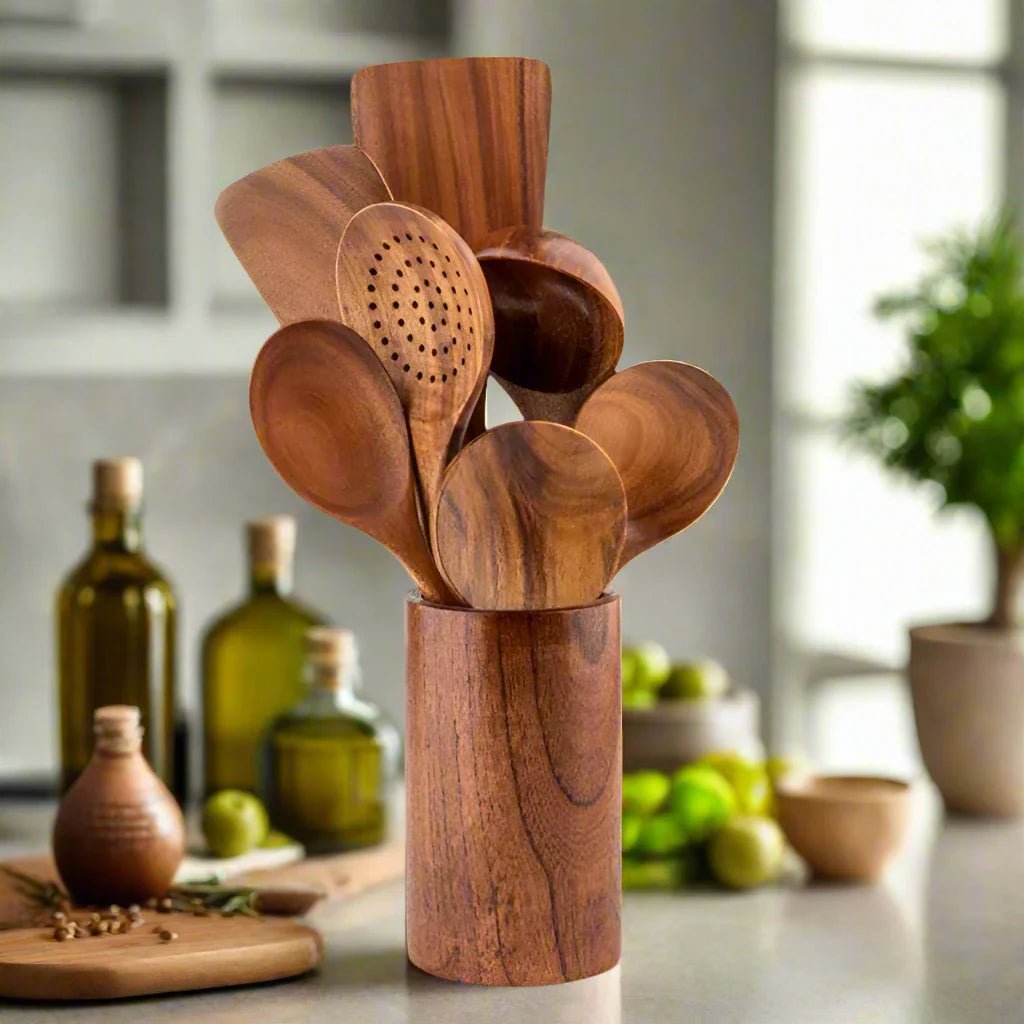 SUENTA Küchenutensilien-Set Aus Teakholz Hochwertig Und Langlebig 7-teiliges Set mit Halter