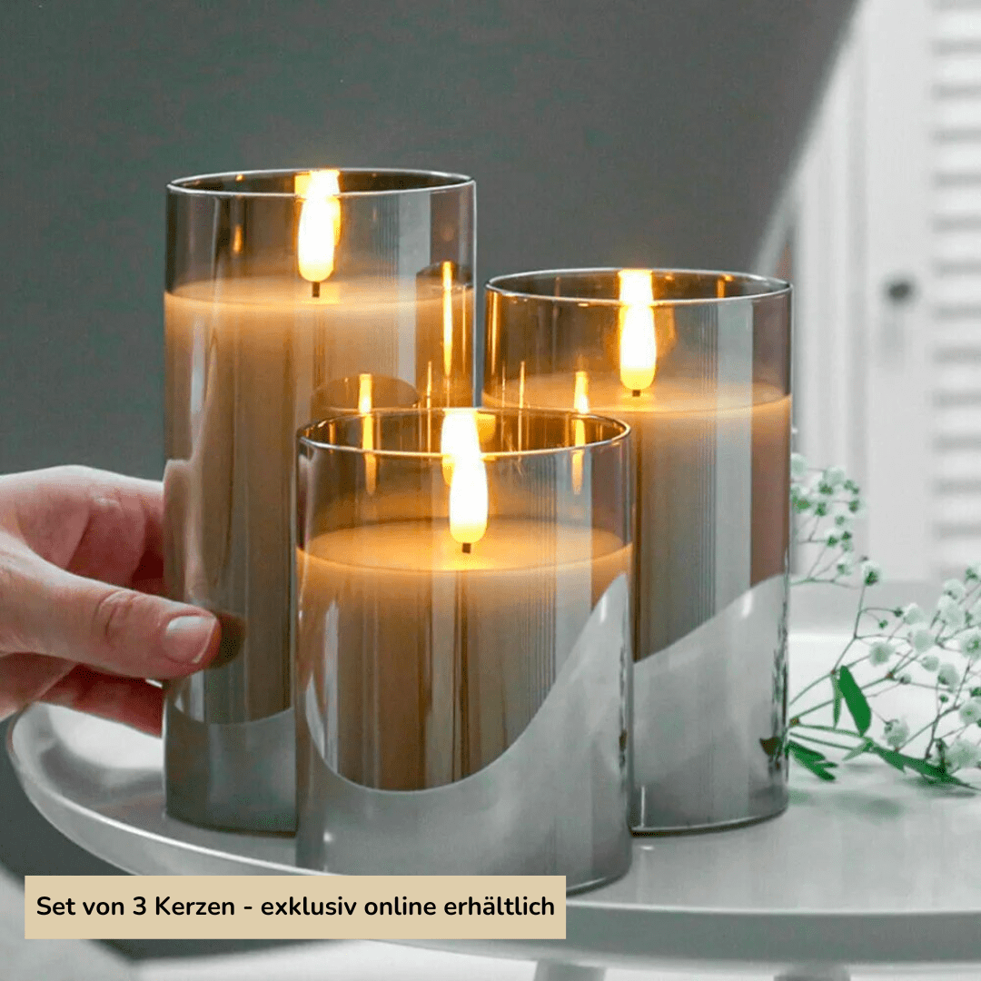 SUENTA LED-Kerzen Set mit Realistischem Flammeneffekt – Grau Glas, 3er Set