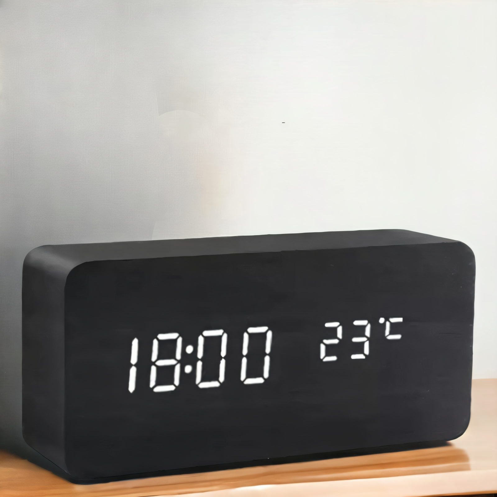 SUENTA Timevo – Digitaler Holz-Wecker mit LED-Anzeige, Temperatur & Luftfeuchtigkeit Schwarz Rechteck