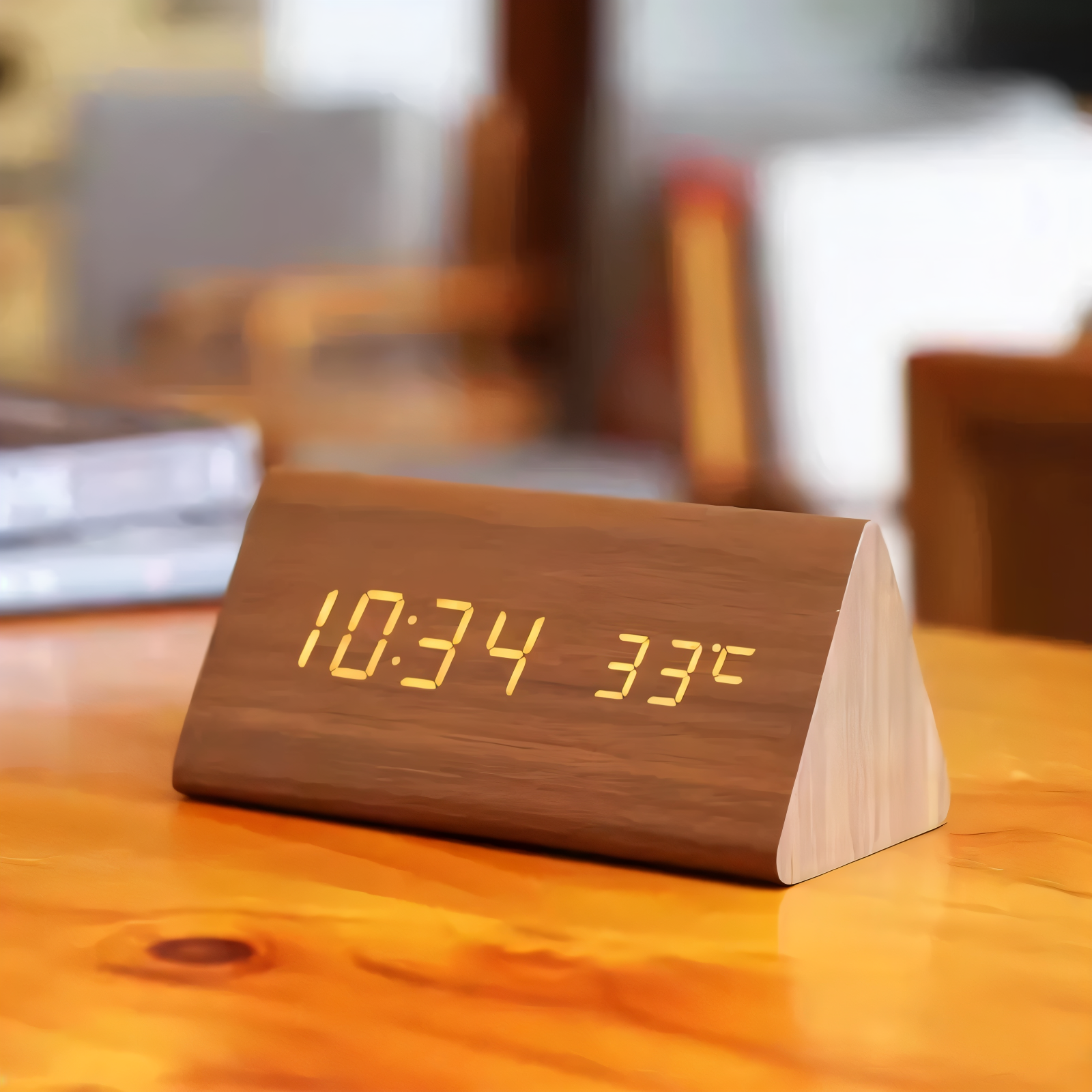 SUENTA Timevo – Digitaler Holz-Wecker mit LED-Anzeige, Temperatur & Luftfeuchtigkeit Dunkles Holz Dreieck