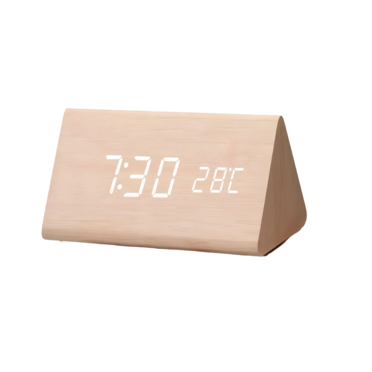 SUENTA Timevo – Digitaler Holz-Wecker mit LED-Anzeige, Temperatur & Luftfeuchtigkeit Helles Holz Dreieck