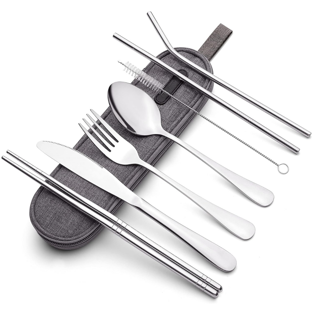 SUENTA Tragbares Edelstahl Besteckset Mit Wasserdichtem Etui Silber