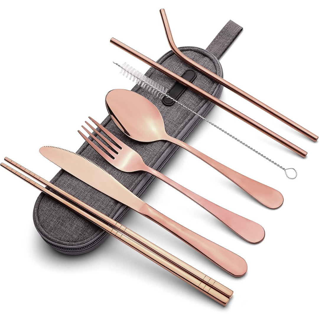 SUENTA Tragbares Edelstahl Besteckset Mit Wasserdichtem Etui Roségold