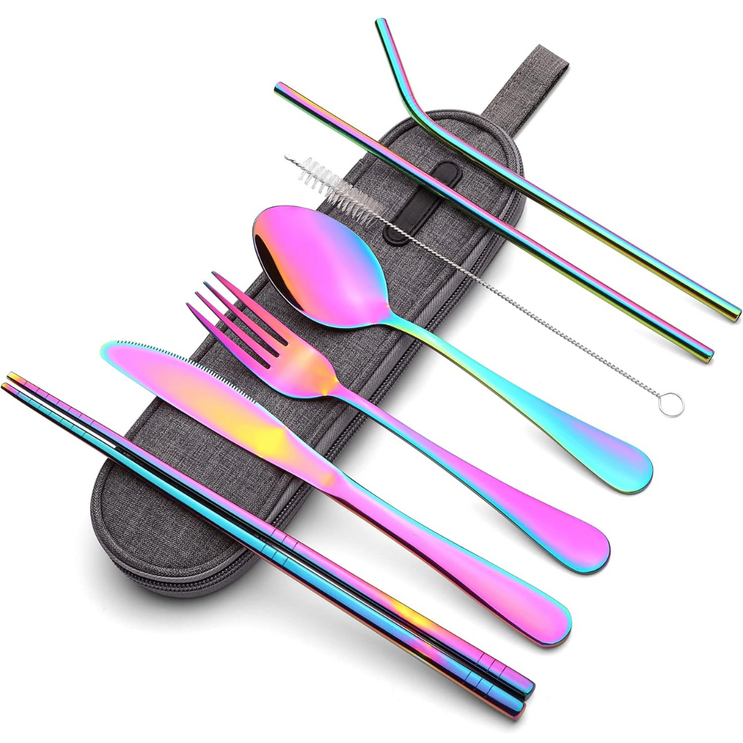 SUENTA Tragbares Edelstahl Besteckset Mit Wasserdichtem Etui Regenbogen