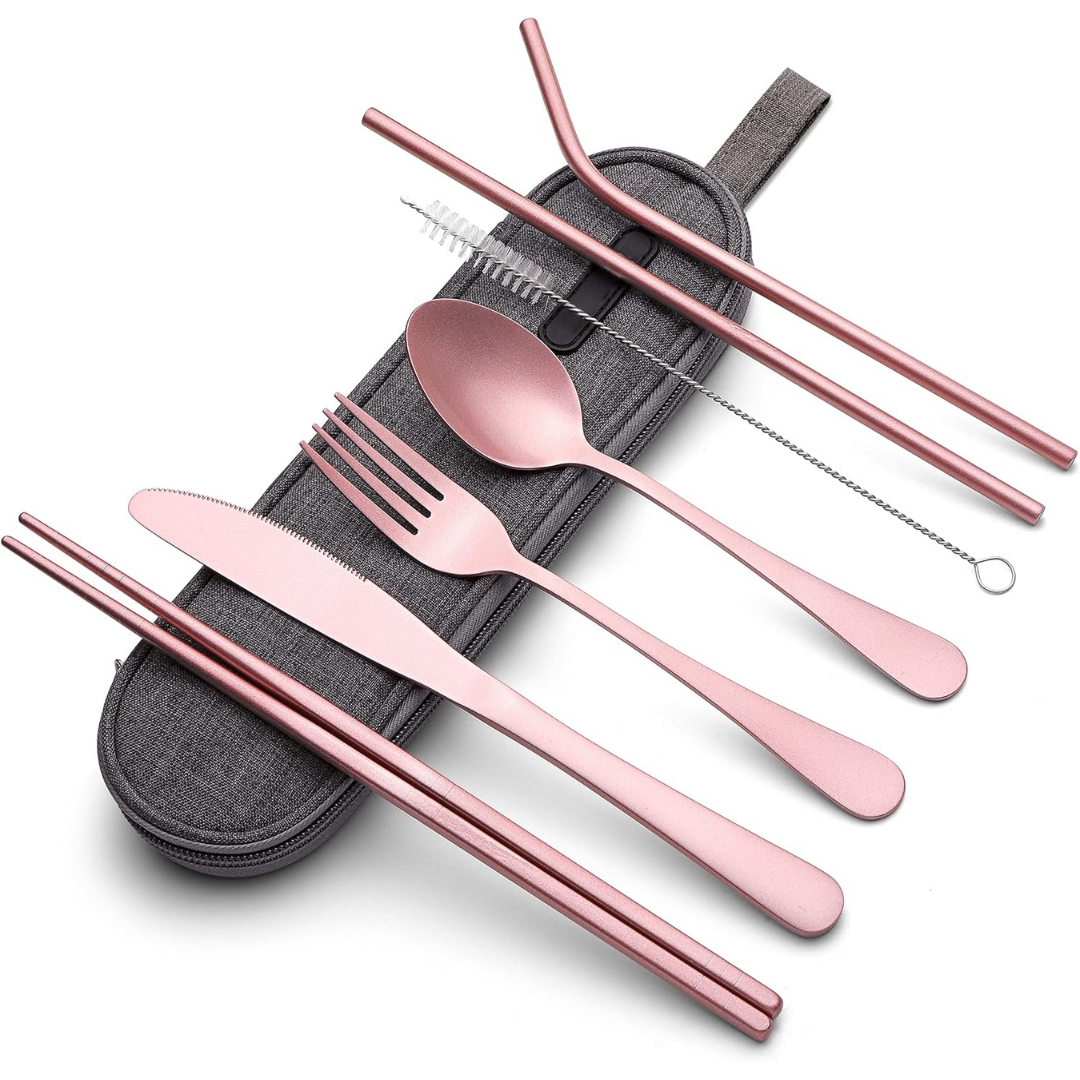 SUENTA Tragbares Edelstahl Besteckset Mit Wasserdichtem Etui Rosa