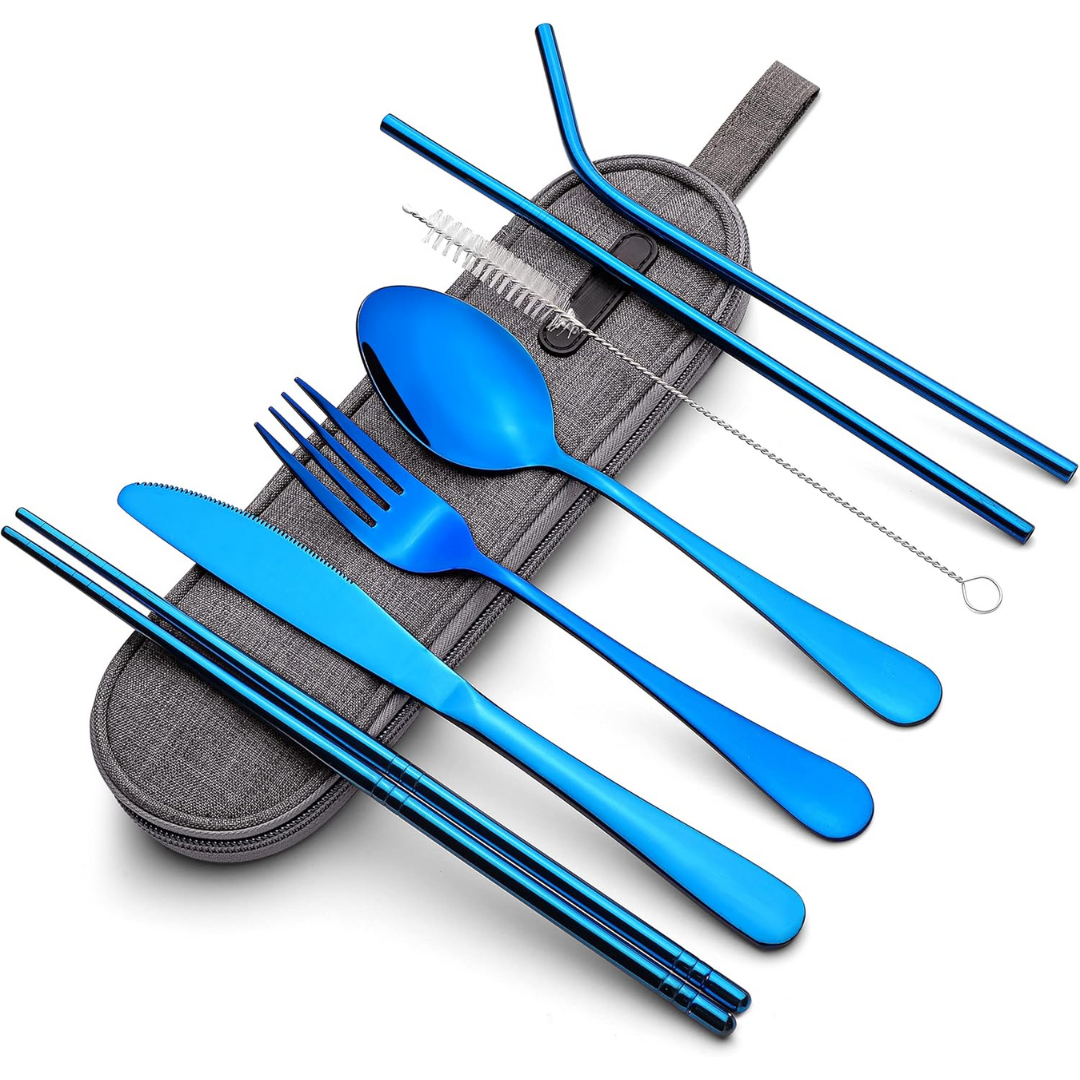 SUENTA Tragbares Edelstahl Besteckset Mit Wasserdichtem Etui Blau