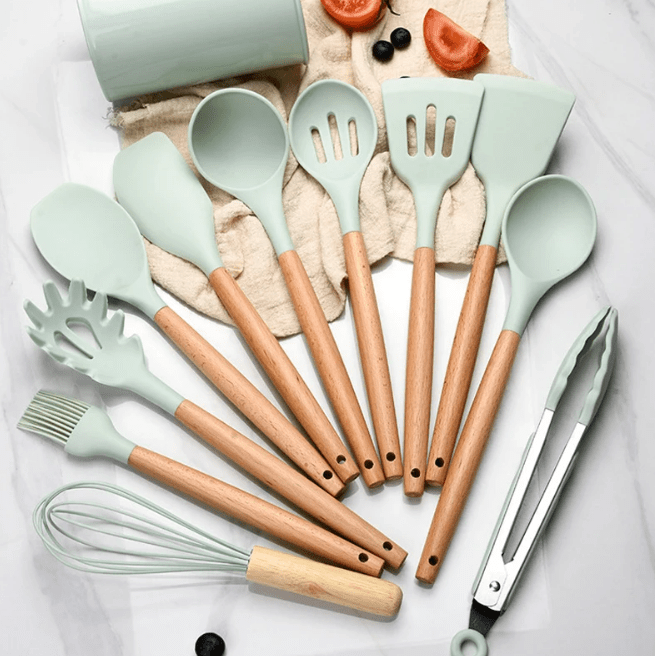 SUENTA Ungiftiges BPA-Freies Kochutensilien-Set Silikon Holzgriffe Mint