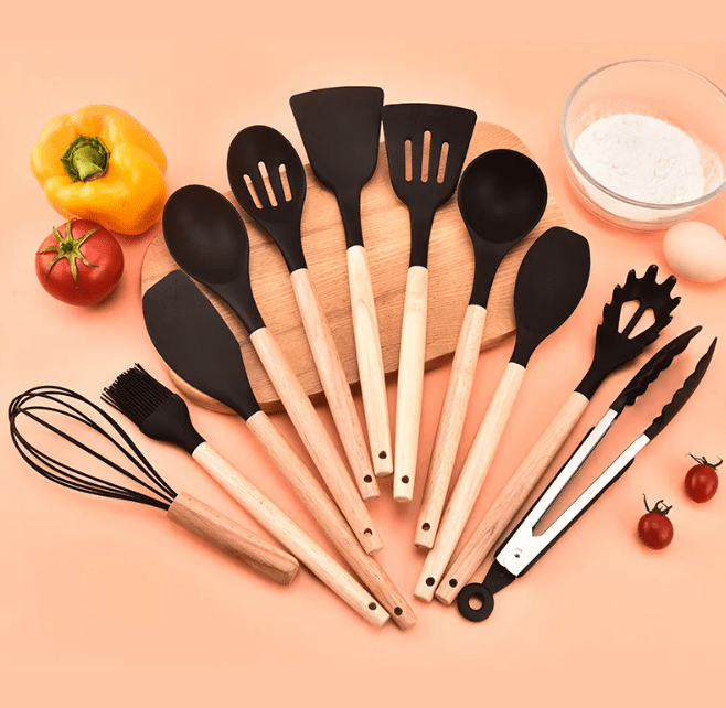 SUENTA Ungiftiges BPA-Freies Kochutensilien-Set Silikon Holzgriffe Schwarz