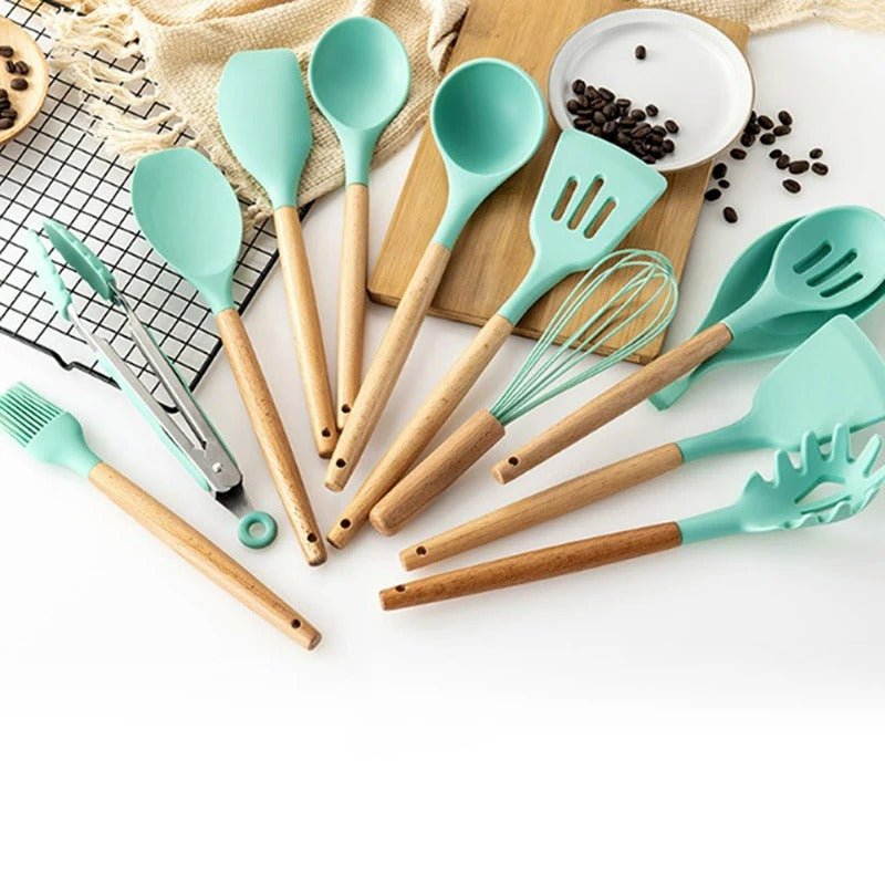 SUENTA Ungiftiges BPA-Freies Kochutensilien-Set Silikon Holzgriffe Aqua