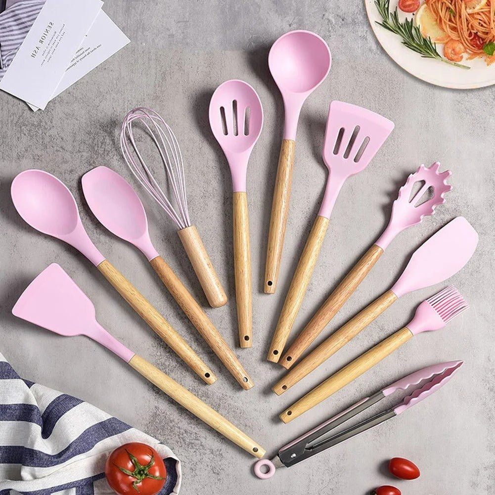 SUENTA Ungiftiges BPA-Freies Kochutensilien-Set Silikon Holzgriffe Pink