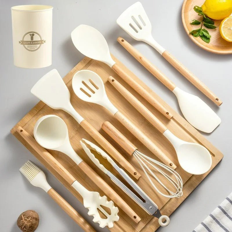 SUENTA Ungiftiges BPA-Freies Kochutensilien-Set Silikon Holzgriffe Weiß