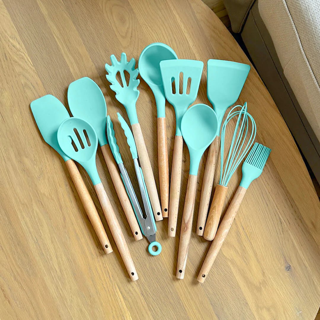 SUENTA Ungiftiges BPA-Freies Kochutensilien-Set Silikon Holzgriffe