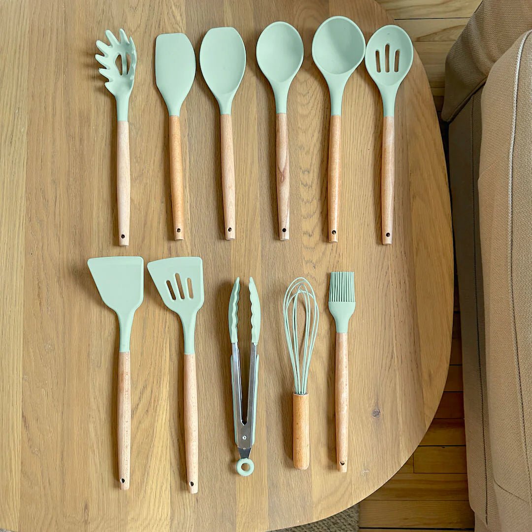 SUENTA Ungiftiges BPA-Freies Kochutensilien-Set Silikon Holzgriffe