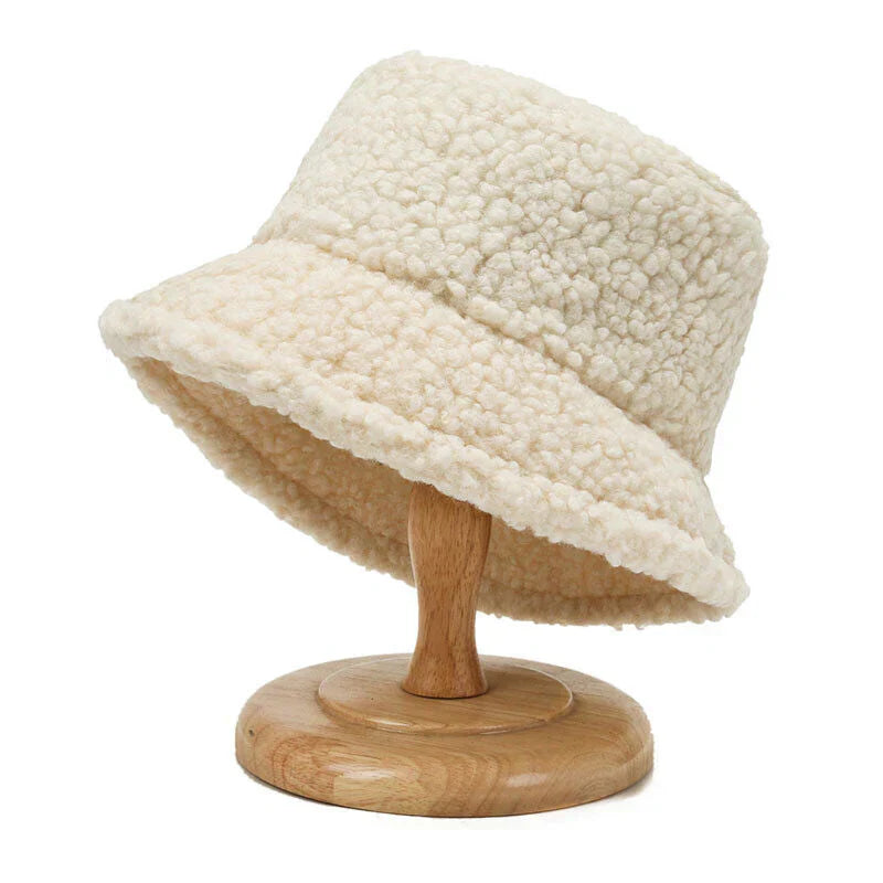 SUENTA Warmer Modischer Teddy Bucket Hut Aus Lammwolle Für Winter Weiß