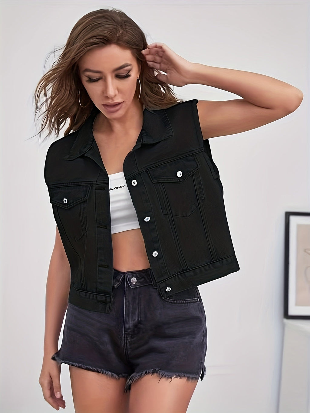 SUENTA Damen Ärmellose Jeansjacke mit Pattentaschen Denim-Look Zeitlos