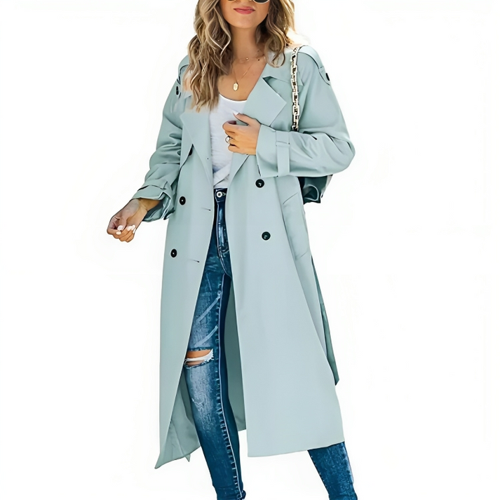 SUENTA Damen Eleganter Zweireihiger Trenchcoat Mit Knopfleiste Hellblau