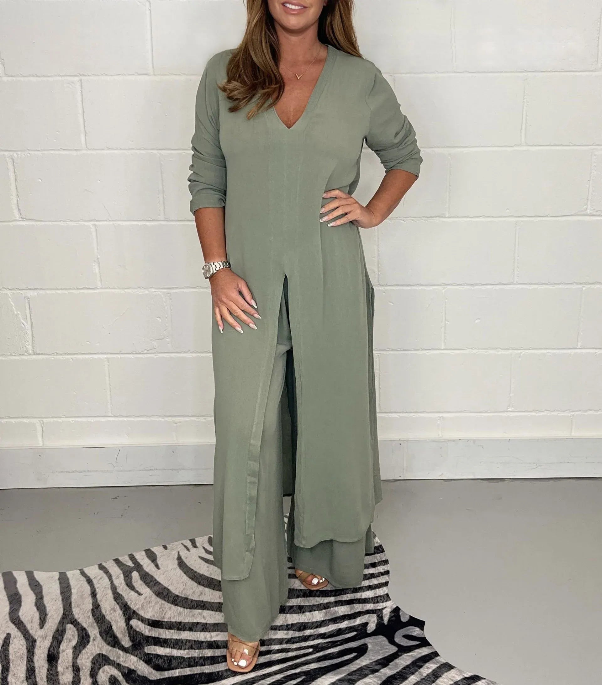 SUENTA Damen Zweiteiler Set – Zeitloses Elegantes Outfit mit Oberteil und Hose Grün