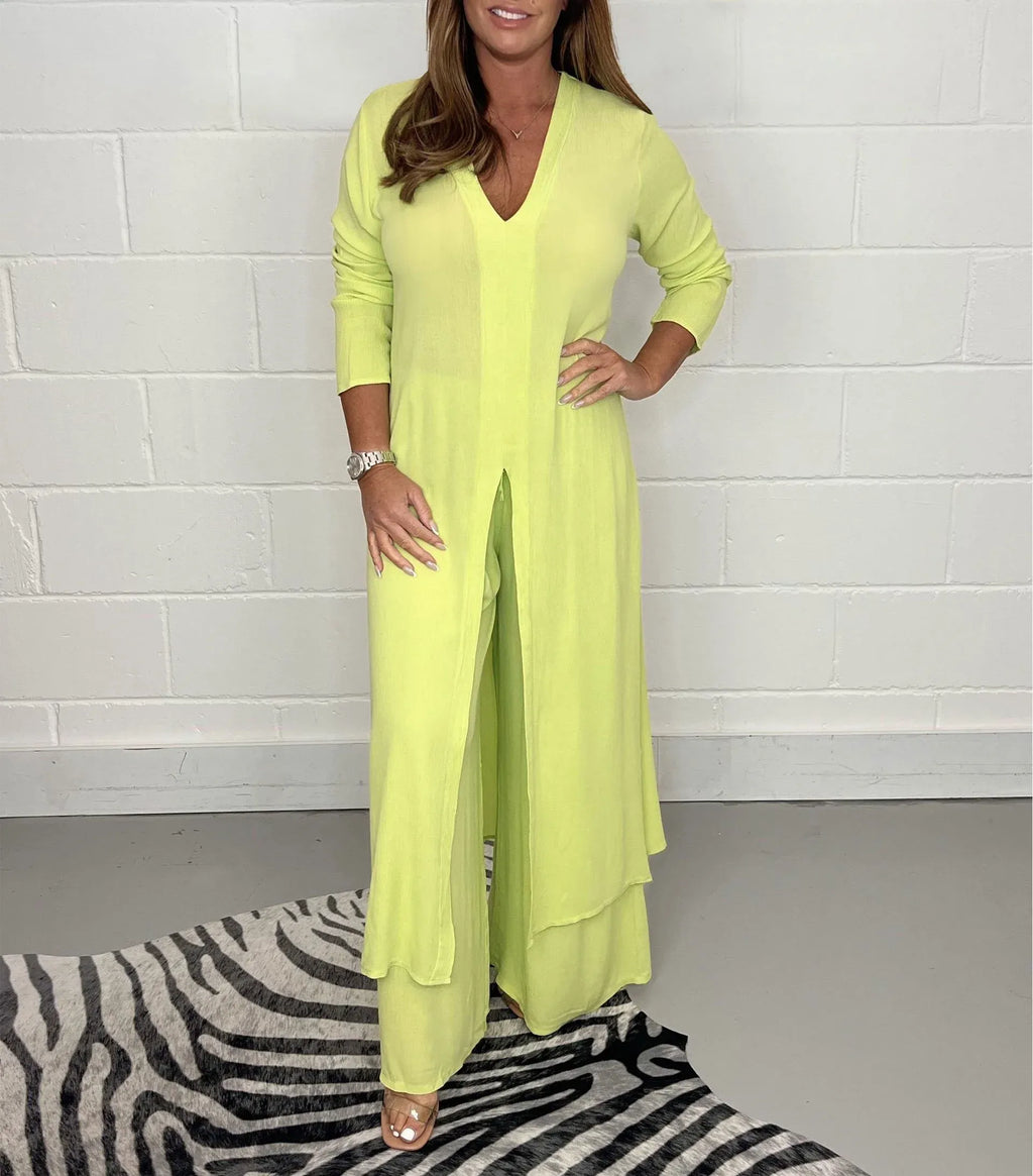 SUENTA Damen Zweiteiler Set – Zeitloses Elegantes Outfit mit Oberteil und Hose Gelb