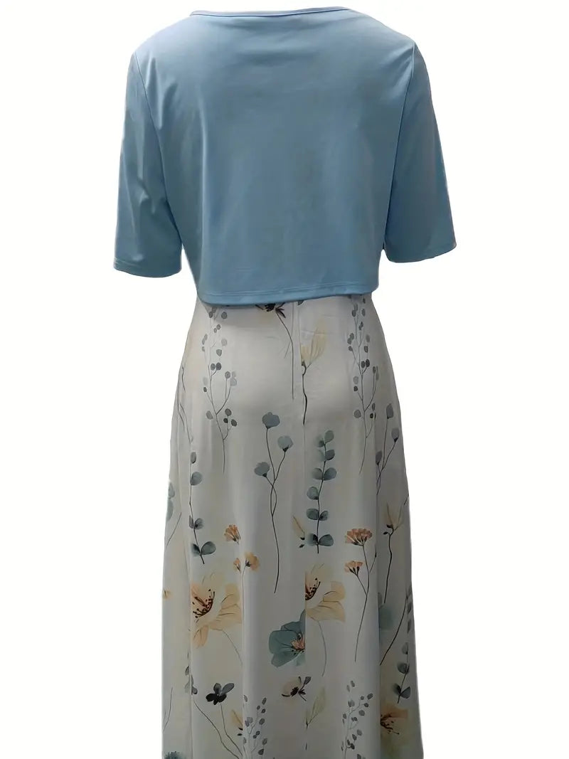SUENTA Damen Zweiteiler Set – Blumenkleid mit Einfarbigem Crop-Top