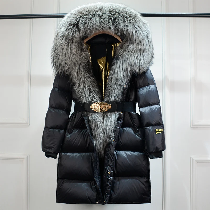 SUENTA Damen Puffer-Mantel mit Gürtel Kunstpelzkragen Winter Schwarz Silber