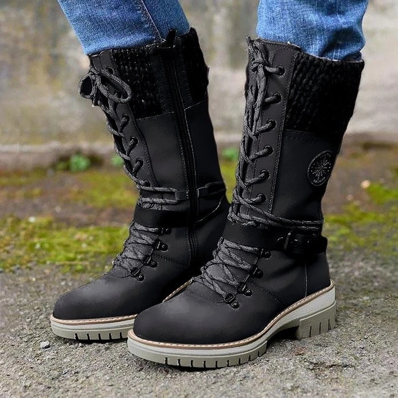 SUENTA Damen Leder Winterstiefel Bequeme Stylishe Innenfutter