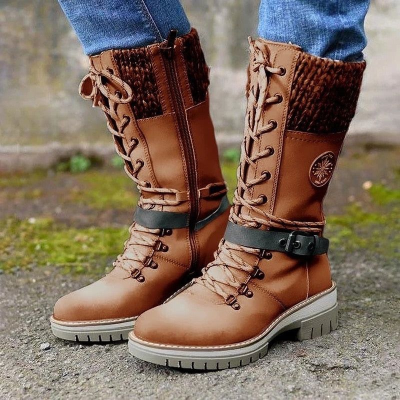 SUENTA Damen Leder Winterstiefel Bequeme Stylishe Innenfutter