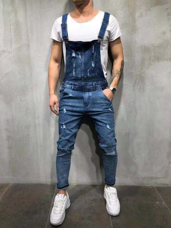 SUENTA Herren Skinny Fit Stretch Denim Latzhose Baumwolle - Overall Blau