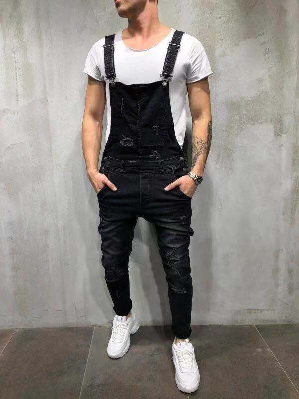 SUENTA Herren Skinny Fit Stretch Denim Latzhose Baumwolle - Overall Schwarz
