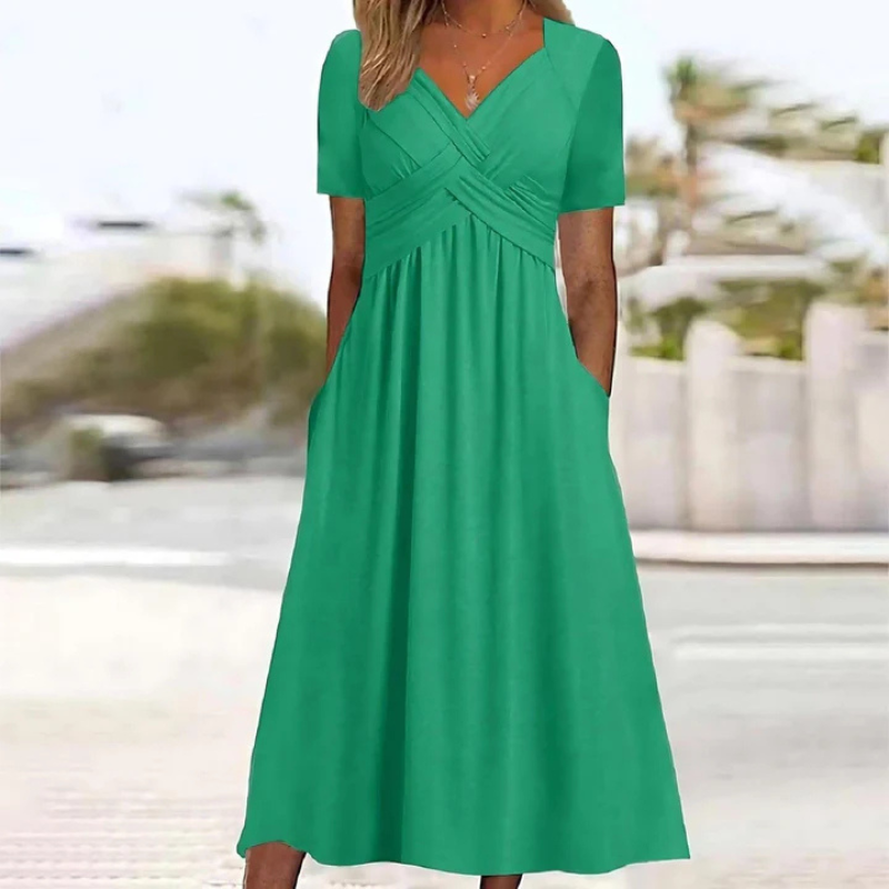 SUENTA Damen Weiches Midi-Kleid - A-Linie mit V-Ausschnitt Grün