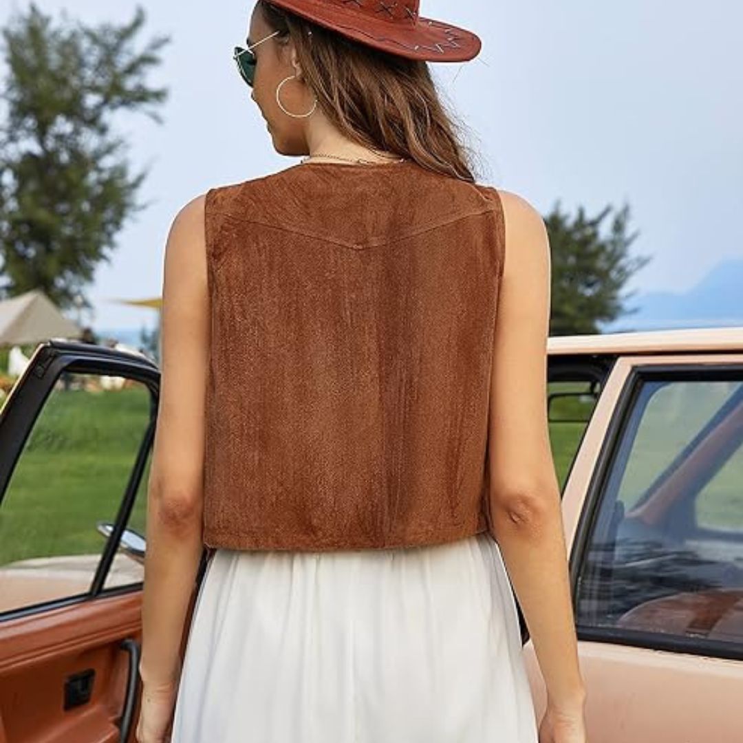 SUENTA Damen Wild Weste Mit Fransen Und Knopfdetail Boho Stil