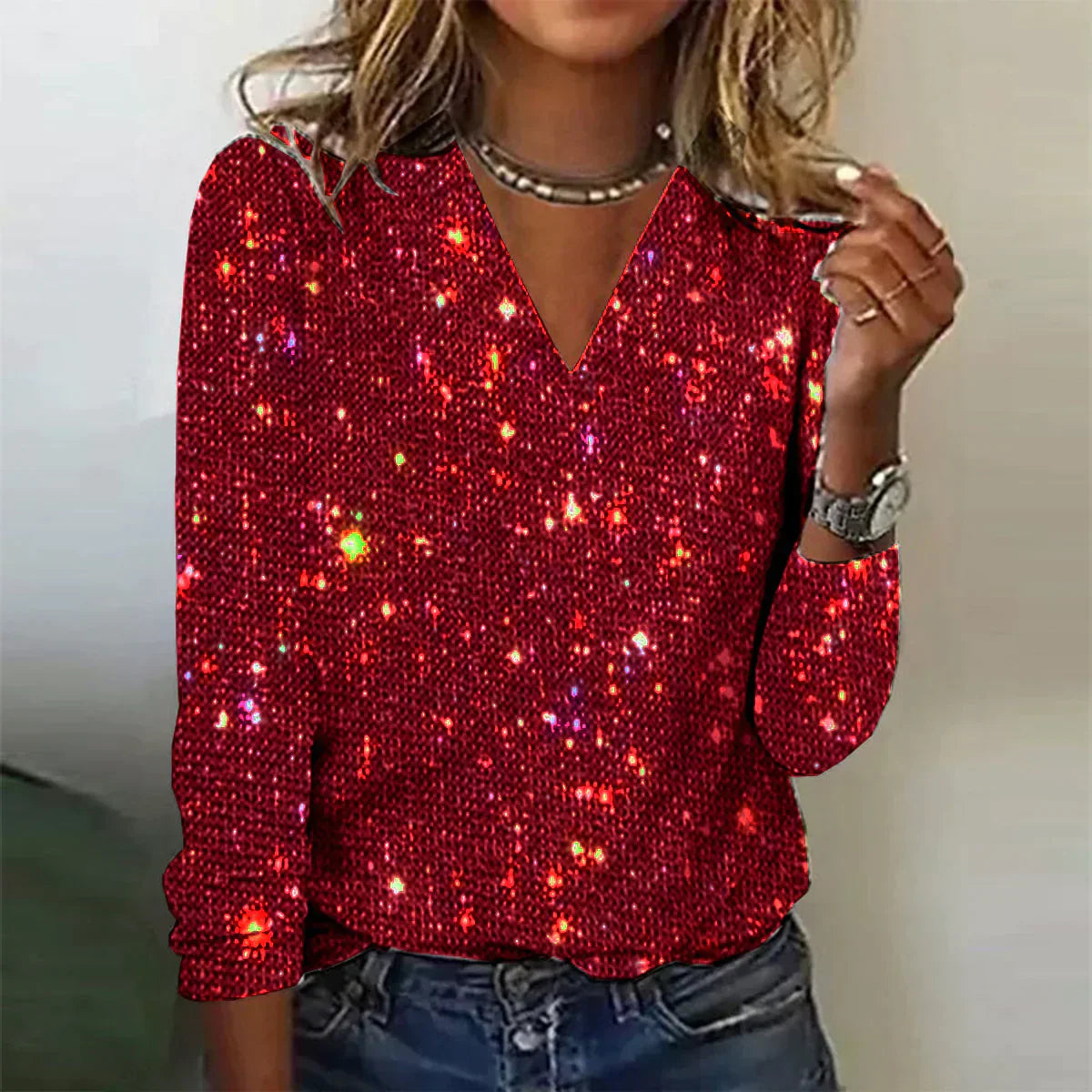 SUENTA Damen Glänzender Pullover V-Ausschnitt Paillettenverzierungen Rot