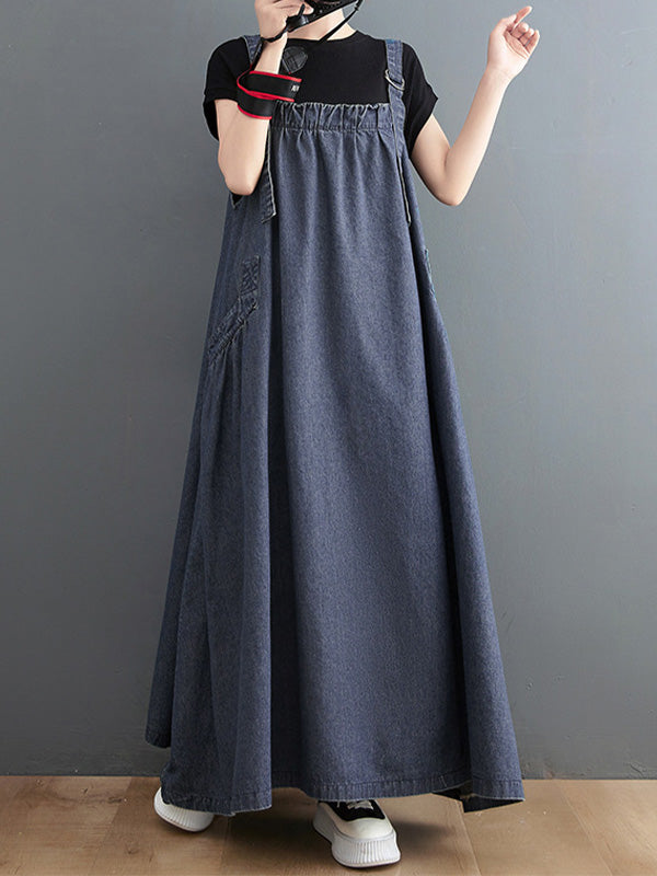 SUENTA Damen Denim Trägerkleid – Lockerer Overall aus Weichem Denim in Rockform Dunkelblau