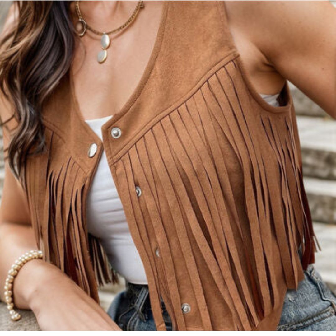 SUENTA Damen Wild Weste Mit Fransen Und Knopfdetail Boho Stil
