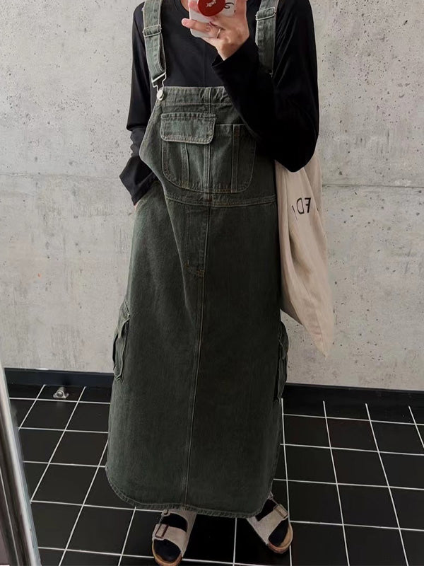 SUENTA Damen Cargo Overall Kleid – Vintage Inspirierter Einteiler mit Schulterriemen Grün