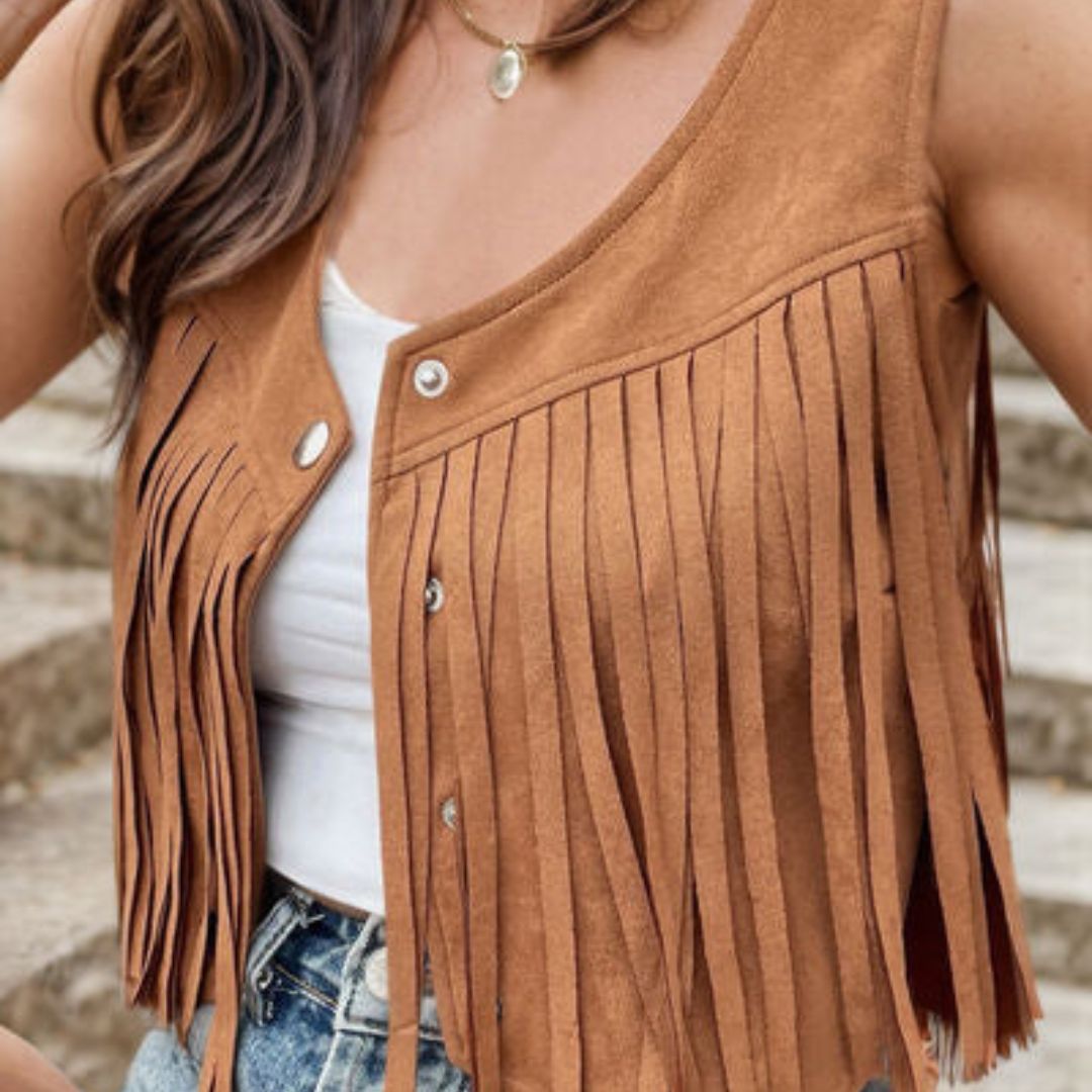 SUENTA Damen Wild Weste Mit Fransen Und Knopfdetail Boho Stil