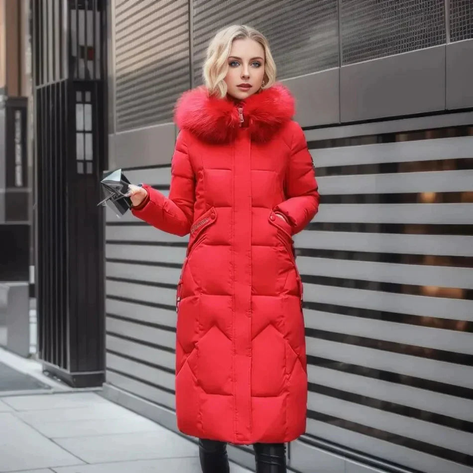 SUENTA Damen Stylischer Mantel mit Kunstfell Warm Gefüttert Winter Rot