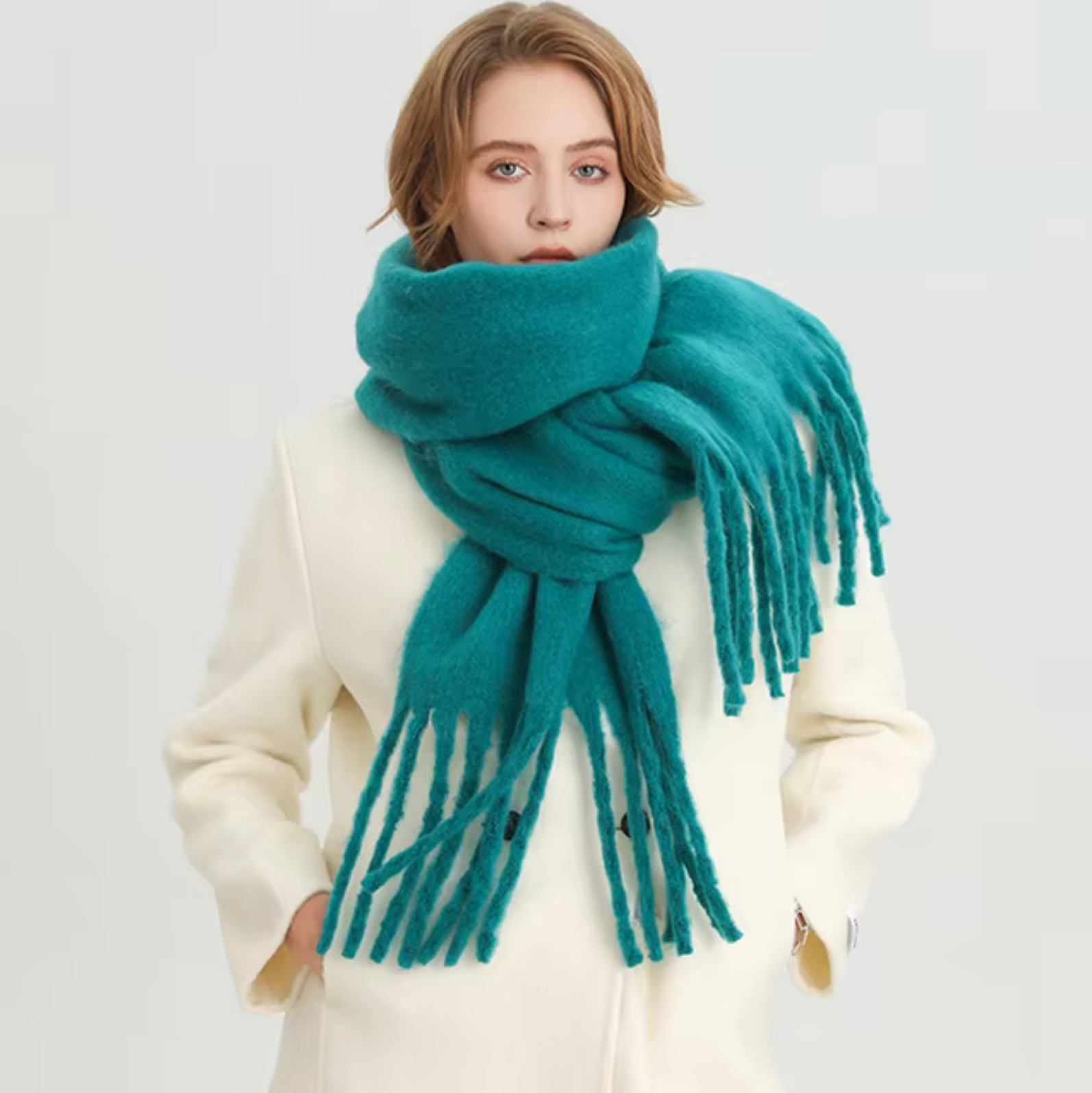 SUENTA Kaschmir-Winter-Schal cashmere-ähnlichem Stoff Lange Fransen Türkis Einheitsgröße