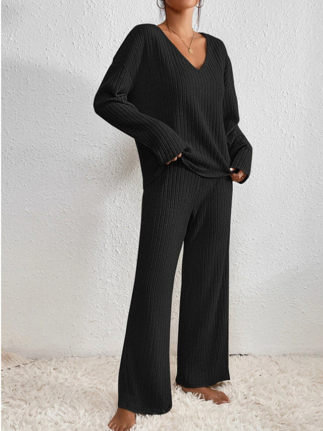 SUENTA Damen Lounge Set – Zweiteiliges Geripptes Sweater- und Hosen-Set Schwarz