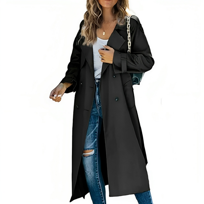 SUENTA Damen Eleganter Zweireihiger Trenchcoat Mit Knopfleiste Schwarz