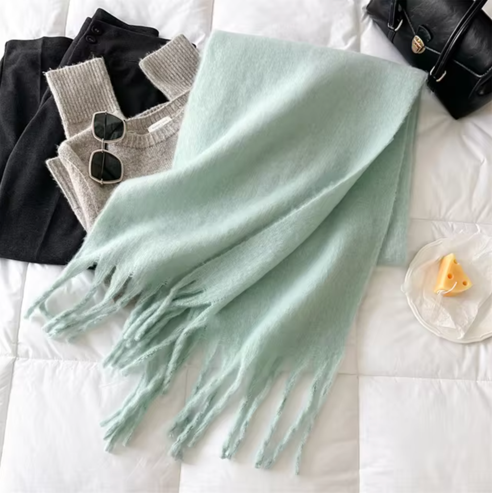SUENTA Kaschmir-Winter-Schal cashmere-ähnlichem Stoff Lange Fransen Minzgrün Einheitsgröße