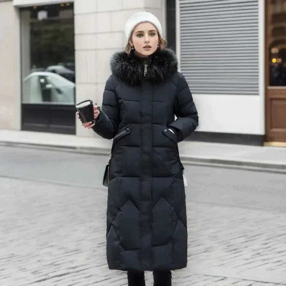 SUENTA Damen Stylischer Mantel mit Kunstfell Warm Gefüttert Winter Schwarz