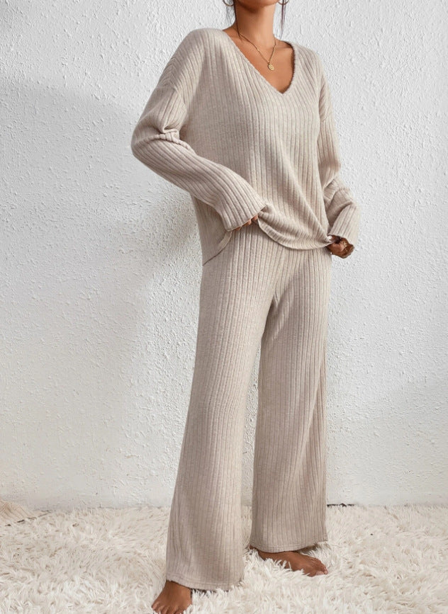 SUENTA Damen Lounge Set – Zweiteiliges Geripptes Sweater- und Hosen-Set