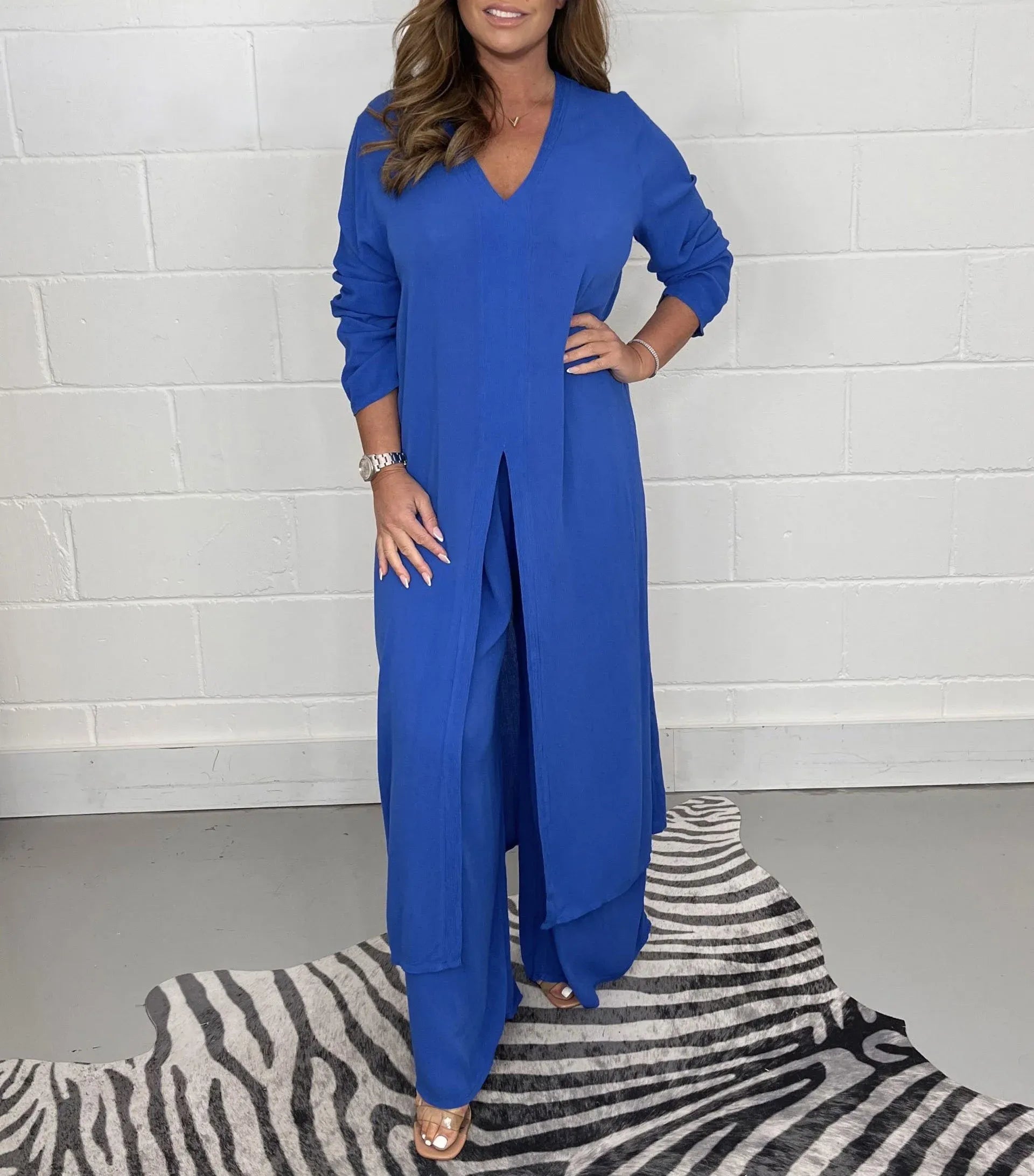 SUENTA Damen Zweiteiler Set – Zeitloses Elegantes Outfit mit Oberteil und Hose Blau
