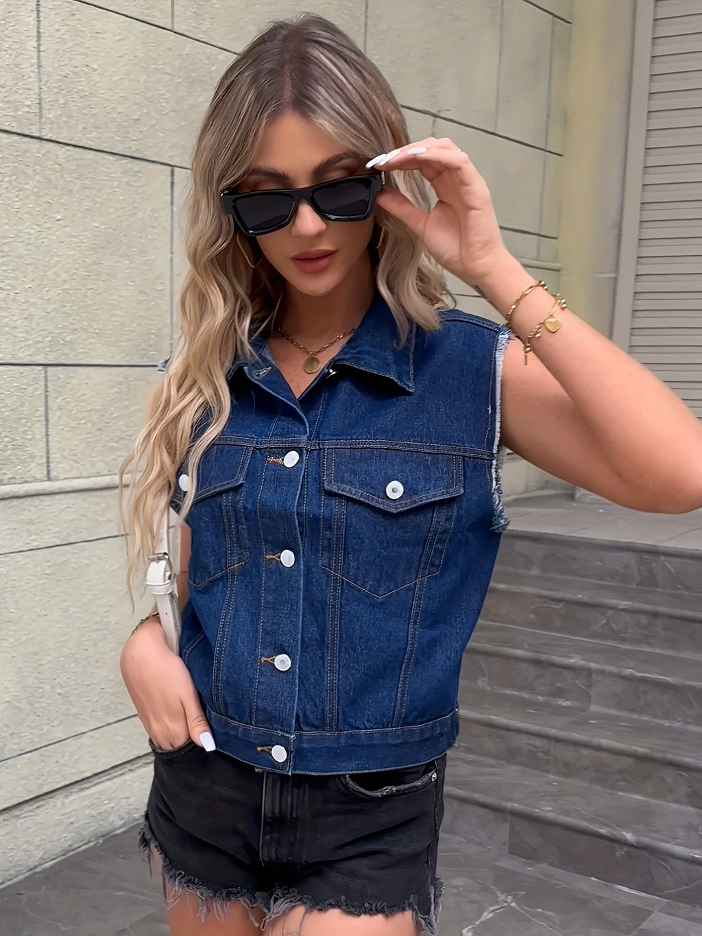 SUENTA Damen Ärmellose Jeansjacke mit Pattentaschen Denim-Look Zeitlos Dunkelblau