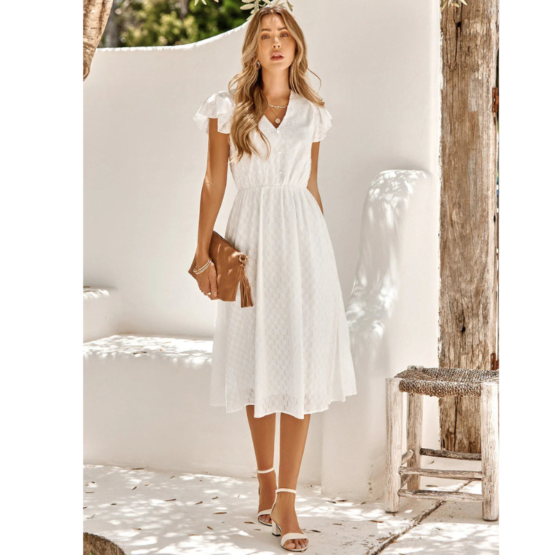 SUENTA Damen Sommerkleid mit V-Ausschnitt - Kurzarm, Midi und mit Rüschen Weiß
