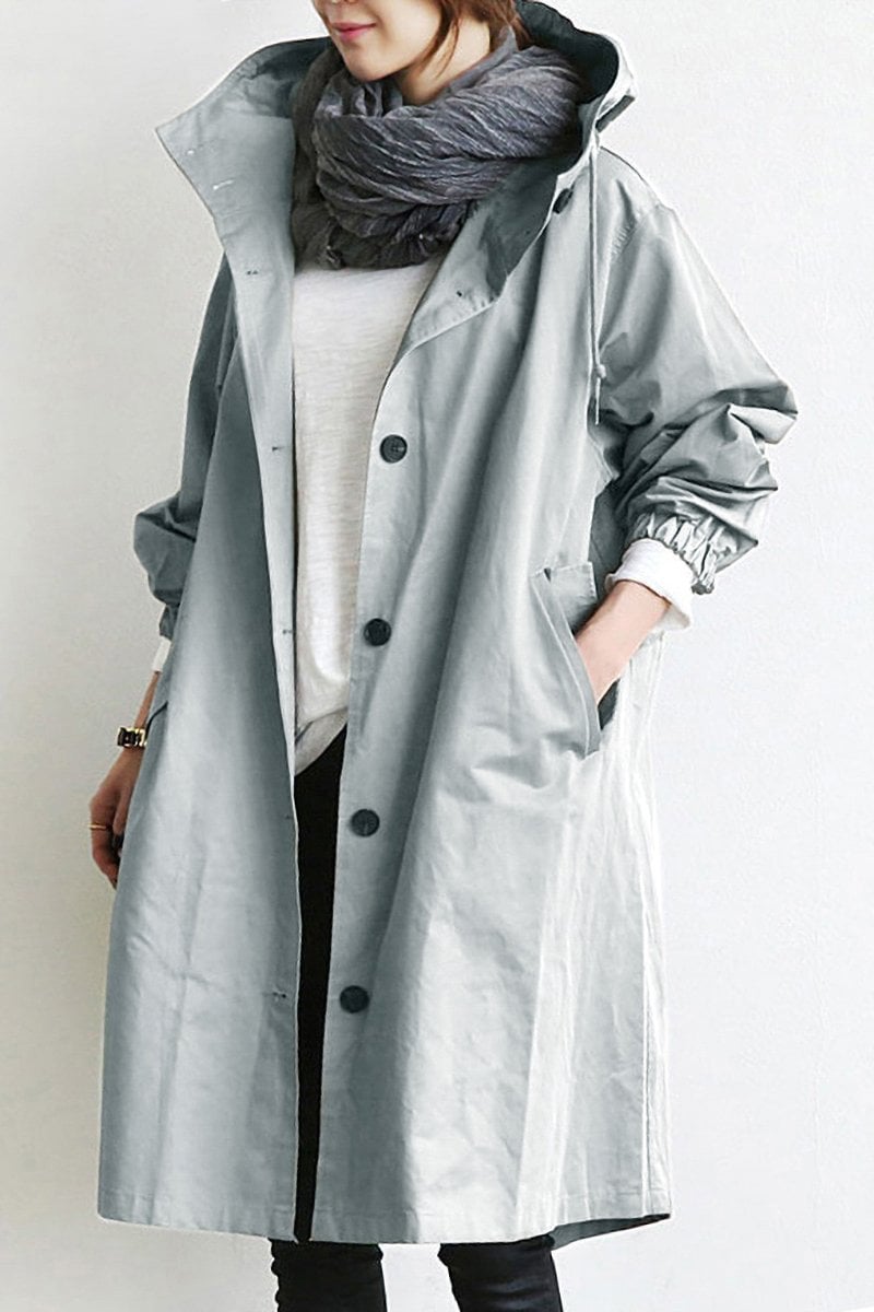 SUENTA Damen Wasserdichter Trenchcoat Mit Kapuze Regenmantel Grau