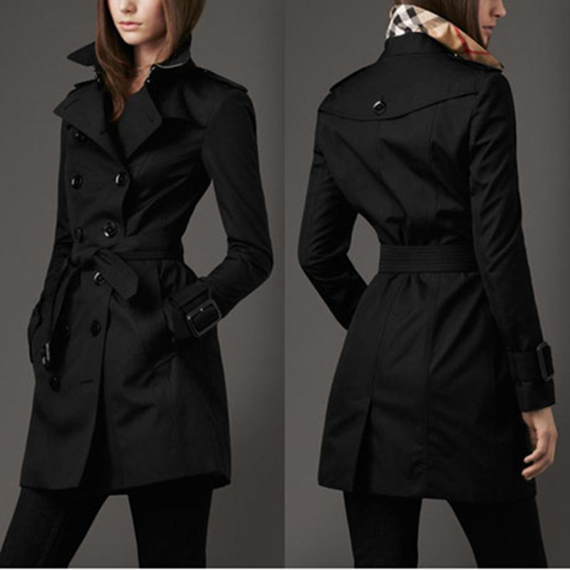 SUENTA Damen Schlanke Trenchcoat mit Doppelknopfverschluss Schwarz